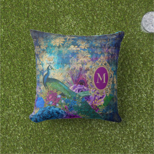 Coussin Peacock Elegant Vintage violet Turquoise or Monogr