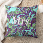 Coussin Peacock Paisley Mariées violettes et vertes<br><div class="desc">Purple et vert Vintage Peacock Paisley Mariage Vintage Paisley violet, vert Turquoise bleu, et beau Aqua Peacock Paisley 2e Mariage Coussin d'anniversaire. Vous pouvez Personnaliser ce magnifique Elegant Vintage Elements avec Whimsical Swirl Vintage Paisley Coussin Motif pour dire tout ce que vous voulez ou utiliser l'existant Mme pour la mariée...</div>