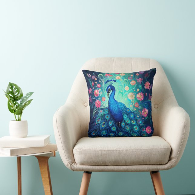 Coussin Peacock - Plumes d'Aqua Vert Bleu & Fleurs Roses (Chaise)