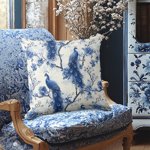 Coussin Peacock vintage Delft Blue Floral Victorian