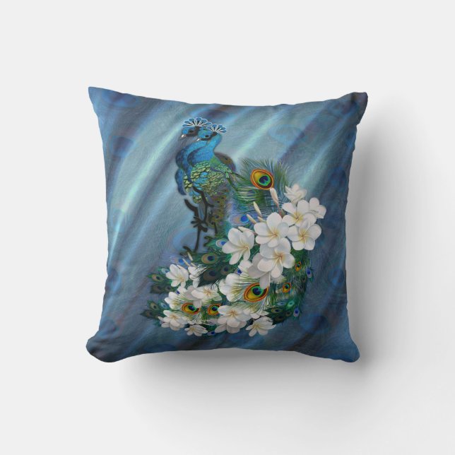 Coussin Peacocks bleu-vert métallique sur soie vert émerau (Recto)