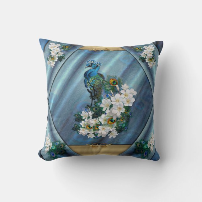 Coussin Peacocks bleu-vert métallique sur soie vert émerau (Recto)