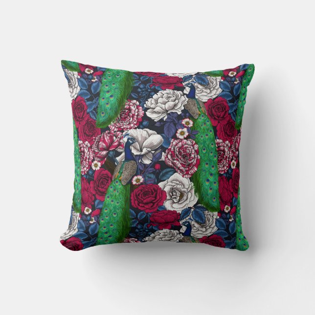 Coussin Peacocks dans le jardin rose (Recto)