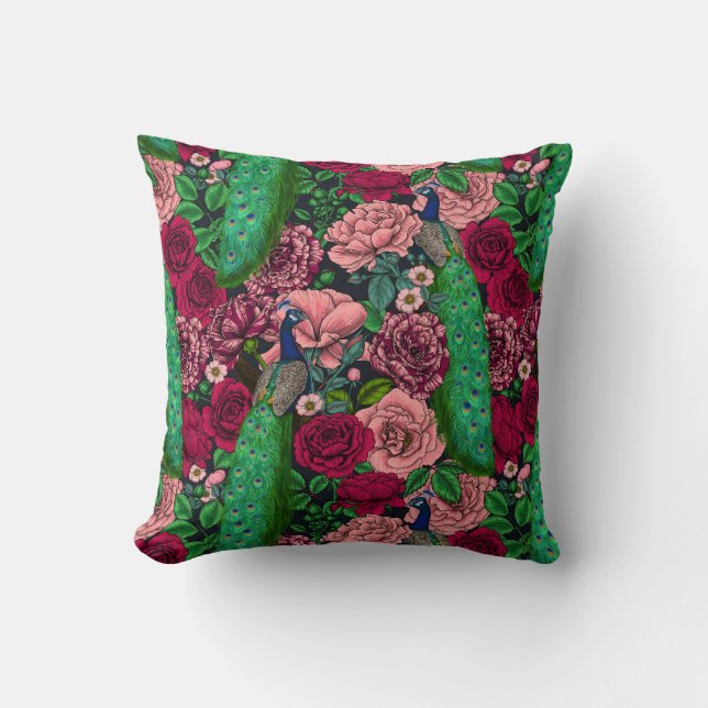 Coussin Peacocks dans le jardin rose 2 (Recto)