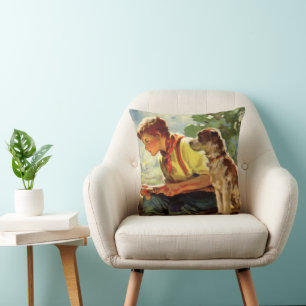 Coussin Pêche à l'ancienne, garçon avec son chiot et des v