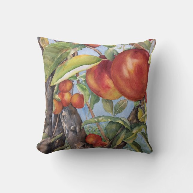 Coussin Pêche à l'aquarelle Récolte de fruits du verger (Recto)