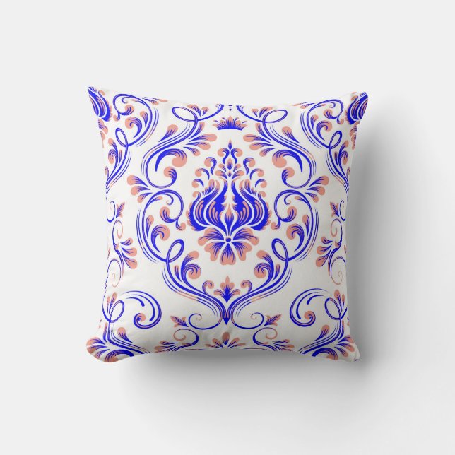 Coussin Pêche bleue et blanc Damas motif floral élégant (Recto)
