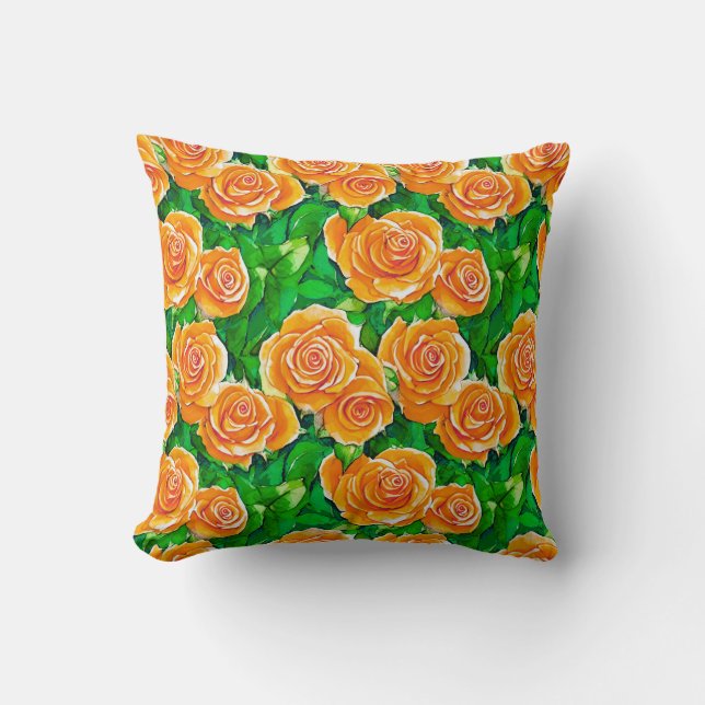 Coussin Pêche / Corail Orange Aquarelle Roses (Recto)