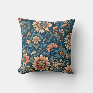 Coussin Pêche d'automne florale et fleur bleue
