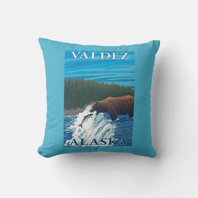 Coussin Pêche d'ours en rivière - Valdez, Alaska (Recto)