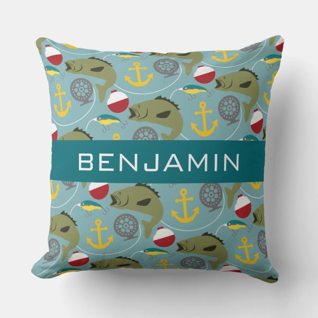 Coussin Pêche du motif avec le nom fait sur commande (Recto)