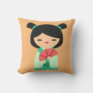 Coussin Pêche rose et aqua Kokeshi Poupées japonaises