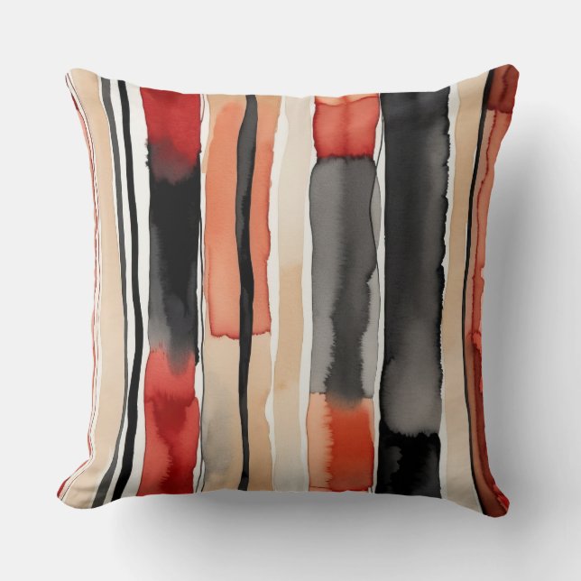 Coussin Pêche rouge blanc et bandes abstraites noires (Recto)