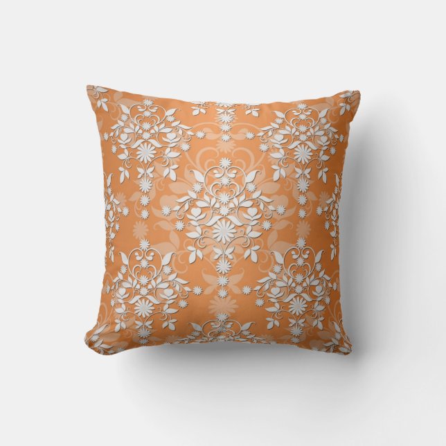 Coussin Pêche Tangerine et Damassé Floral Blanc (Recto)