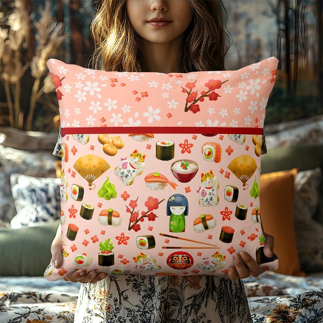 Coussin Pêcher le Sushi rose avec Geisha Girls et Chopstic (Créateur téléchargé)