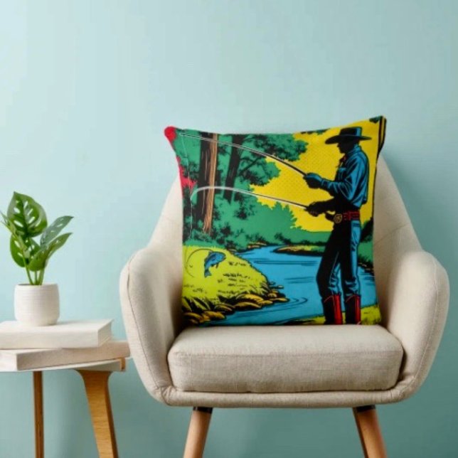 Coussin Pêcheur sur la rive (Fisherman on Riverbank Throw Pillow High quality 100% polyester hidden zipper enclosure.)