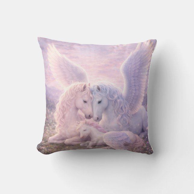 Coussin Pegasus Family – Soft Pastel Fantasy Canvas Art (Recto)