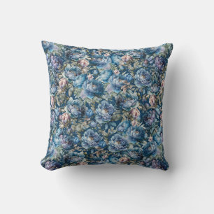 Coussin Peine bleue motif floral vintage jardin fleuri