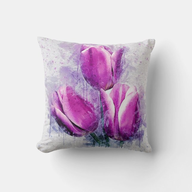 Coussin Peinture à l'aquarelle des tulipes violettes (Recto)