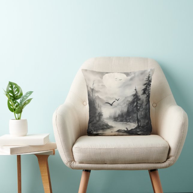 Coussin Peinture à l'encre de paysage monochrome (Chaise)