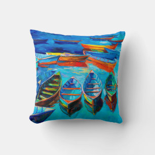 Coussin peinture à l'huile de bateaux et mer sur toile. C