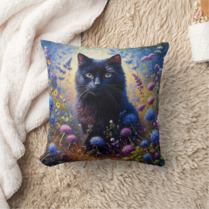 Coussin Peinture à l'huile de chat noir et de Fleurs sauva