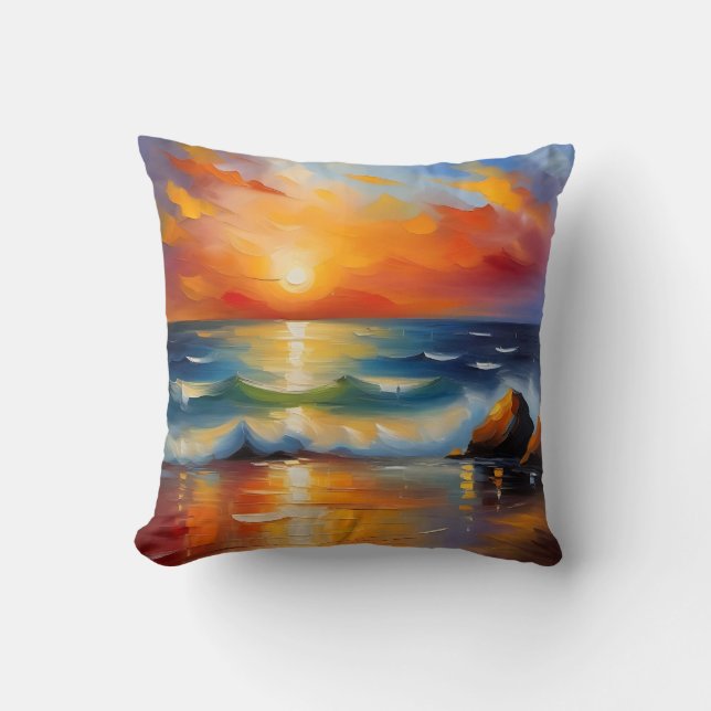 Coussin Peinture à l'huile de couché de soleil orange sur  (Recto)