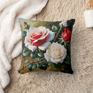 Coussin Peinture à l'huile de roses roses blanches rouges