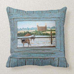 Coussin Peinture à l'huile de temple de Logan, ton bleu,