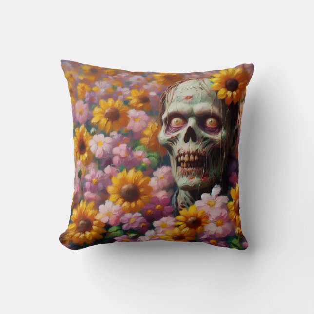 Coussin Peinture à l'huile de Zombie dans le champ de fleu (Recto)