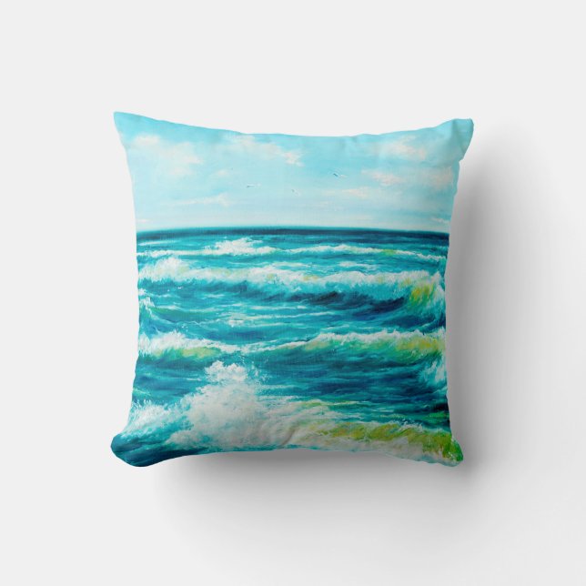 Coussin  peinture à l'huile montrant les vagues de l'océan (Recto)