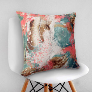 Coussin Peinture Abstraite moderne Coral Turquoise Or Blan