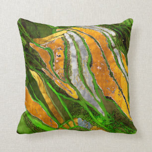 Coussin peinture Abstraite, rayures, or, argent, vert