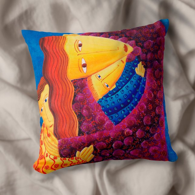Coussin Peinture acrylique d'art contemporain Mère et Fils (Créateur téléchargé)