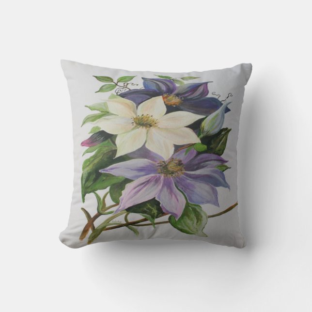 Coussin Peinture acrylique de la vigne Lilac Clematis (Recto)