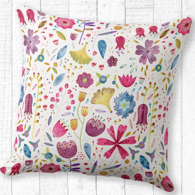 Coussin Peinture aquarelle botanique de fleurs sauvages de (Watercolor floral wildflower pattern throw pillow)