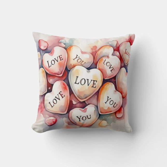 Coussin Peinture aquarelle coeurs cadeau de mariage Je t'a (Recto)
