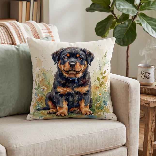 Coussin Peinture aquarelle de chiot Rottweiler mignon (Créateur téléchargé)