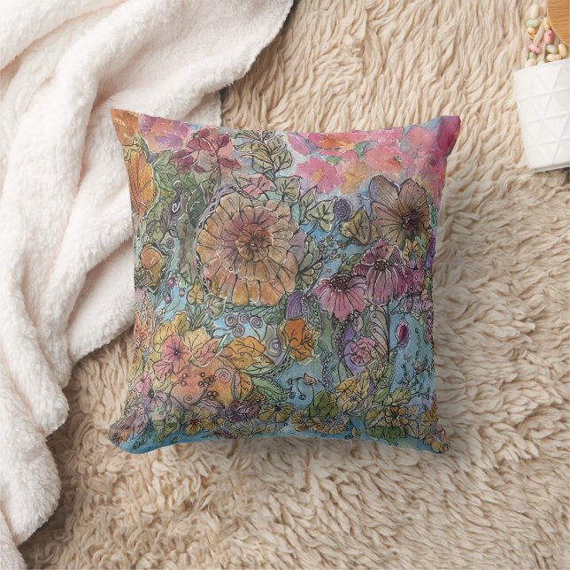 Coussin Peinture aquarelle de jardin de fleurs Boho Chic  (Couverture)