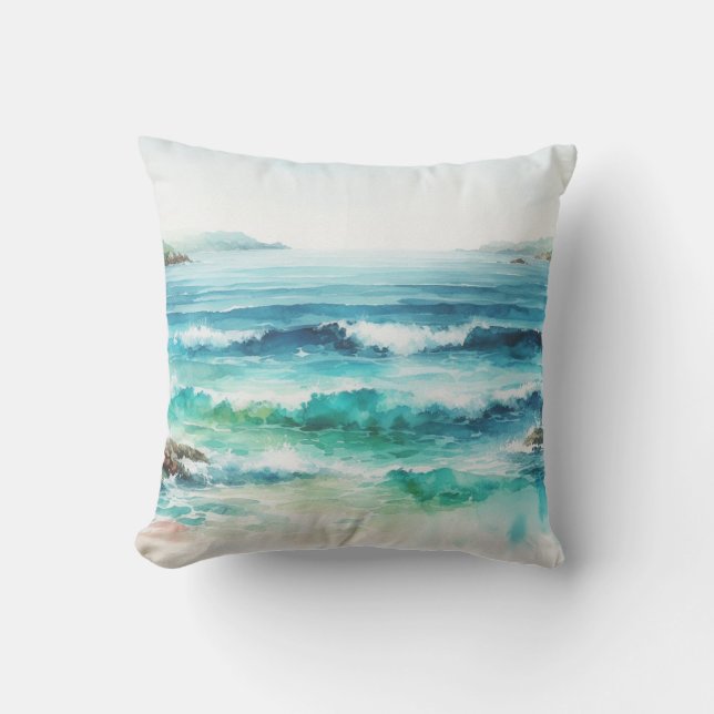 Coussin Peinture aquarelle de vagues océaniques de plage (Recto)