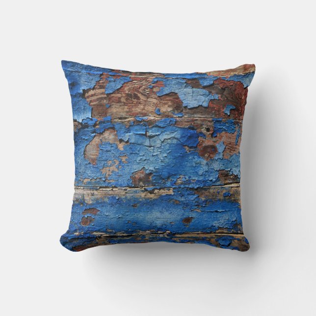 Coussin Peinture bleue qui s'écaille sur du bois rustique (Recto)