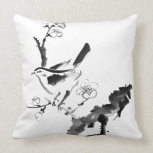 Coussin Peinture chinoise, fleur de prune et oiseau