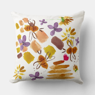 Coussin Peinture d'abeille jaune florale à l'aquarelle à l
