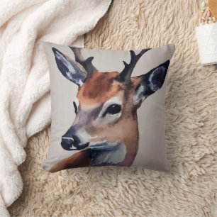Coussin Peinture d'aquarelle Wild Deer Portrait, Cerf