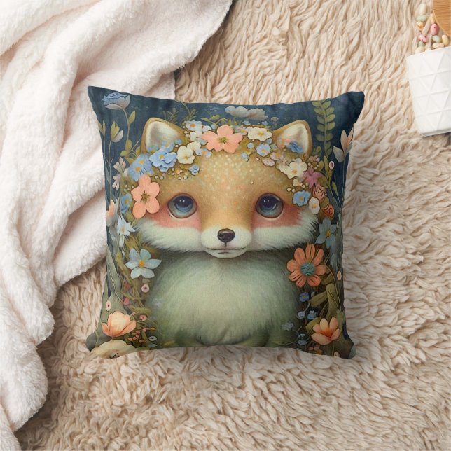 Coussin Peinture de bébé renard mignon fleurs roses bleues (Couverture)