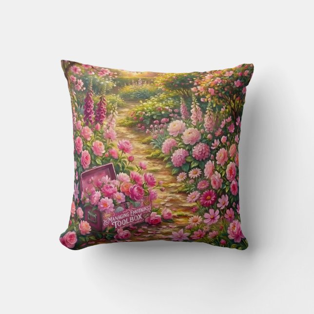 Coussin Peinture de chemin de jardin fleuri rose rêveur (Recto)