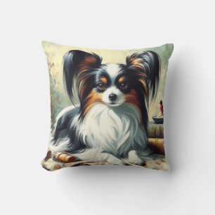 Coussin Peinture de chien Papillon vintage