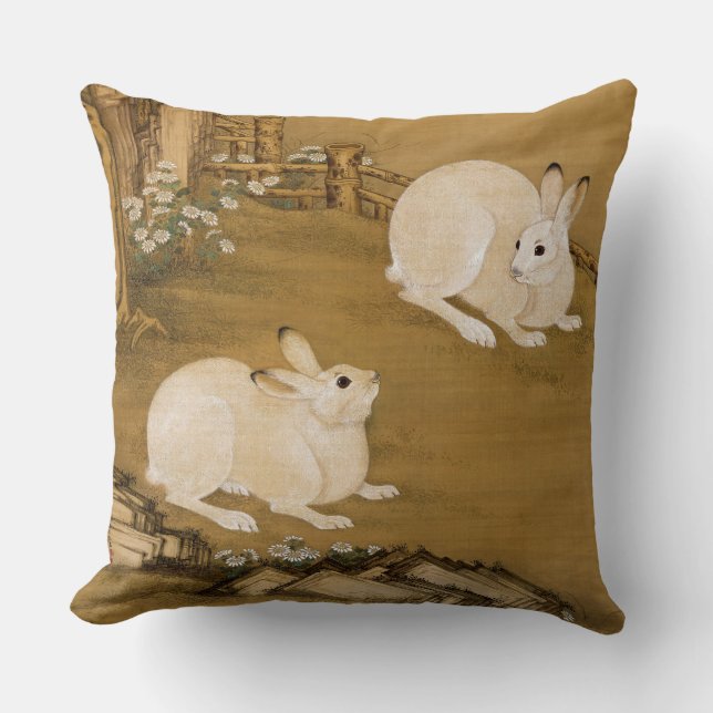 Coussin Peinture de deux lapins blancs d'art chinois vinta (Recto)