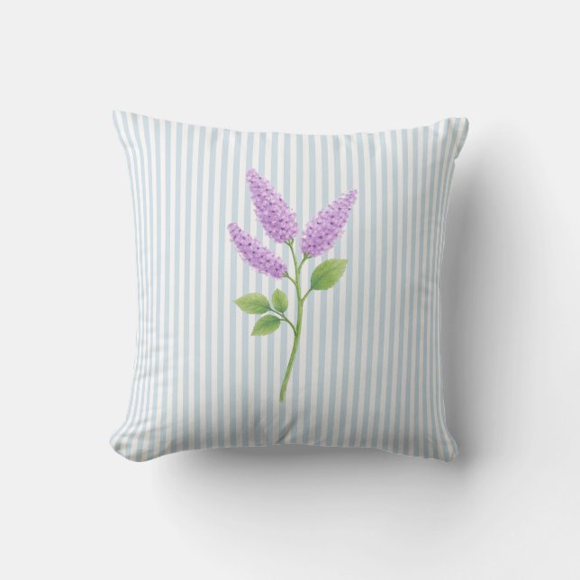 Coussin Peinture de Fleur de Lilas Violet à Rayure Bleue (Recto)