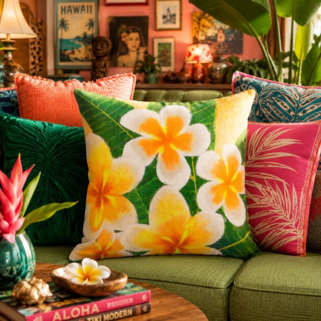 Coussin Peinture de fleur de Plumeria vibrante vert jaune (Créateur téléchargé)